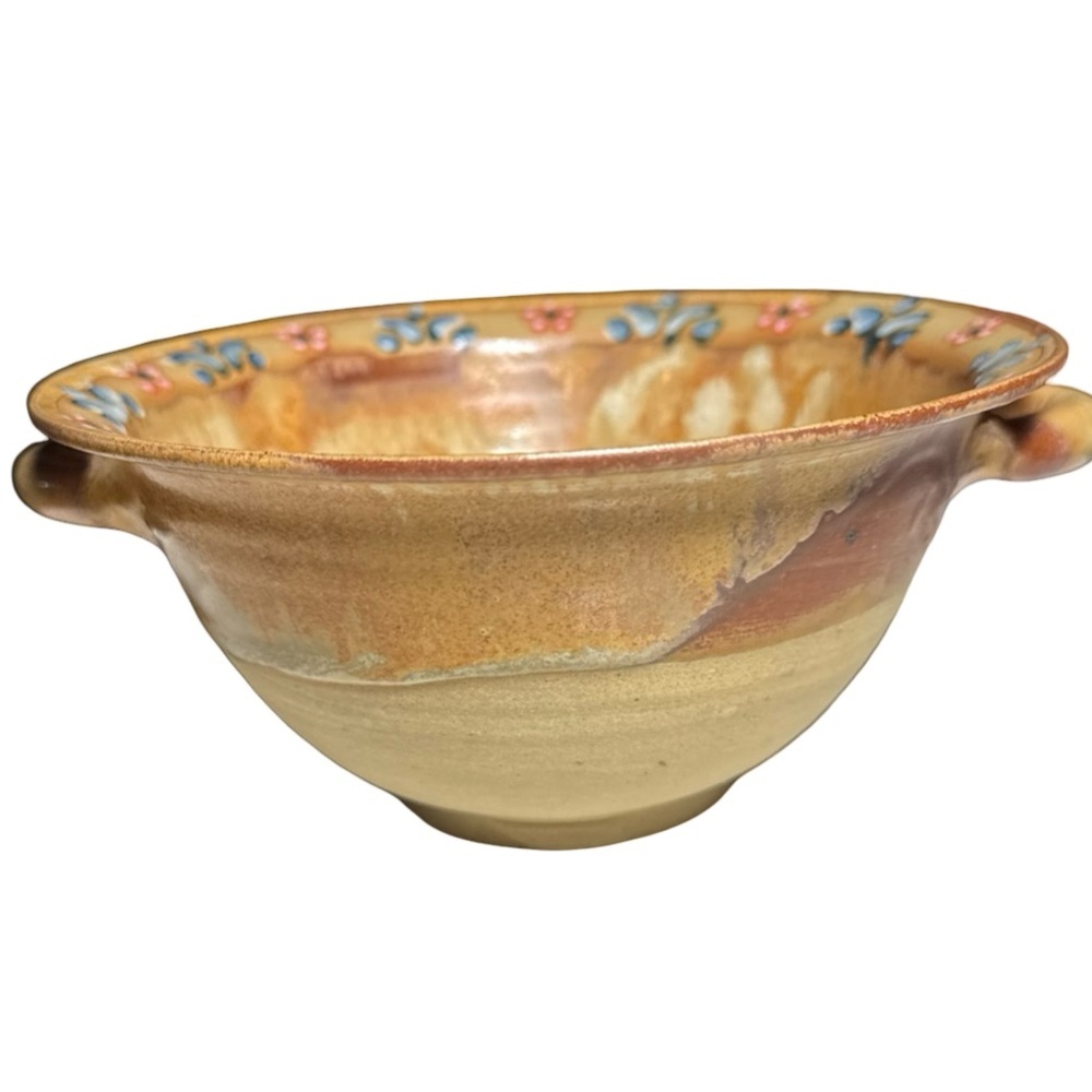 Handmade pottery Bowl Earthenware Art Ceramic 6 1/2" USA Handles Thin Floral